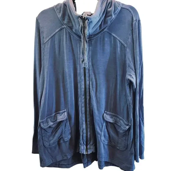 Soma Womens SZ Large Distressed Blue Hoodie Zip Front Raw Hems Relaxed Fit - Picture 1 of 8